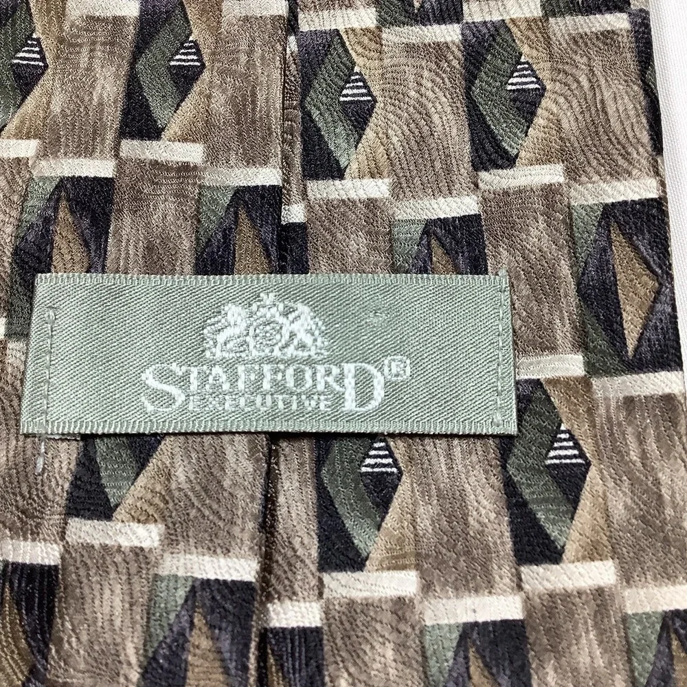 Stafford Signature Silk‎ Tie Brown Green Gray Geometric Mens Necktie
